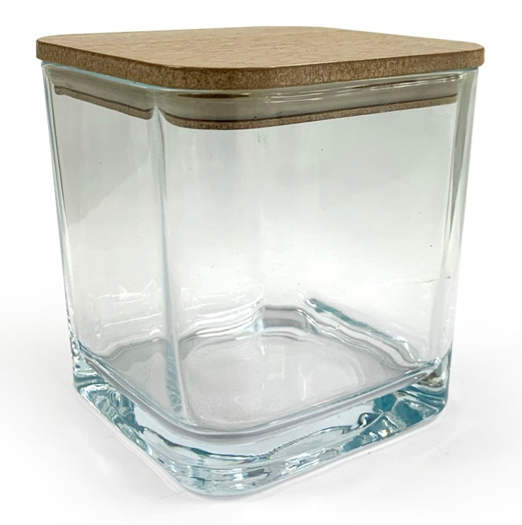 Square clear candle with wooden lid. 500 grams